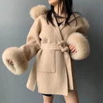 Belted Hooded Coat with Faux Fur Cuffs