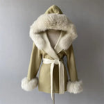 Hooded Belted Coat with Faux Fur Trim