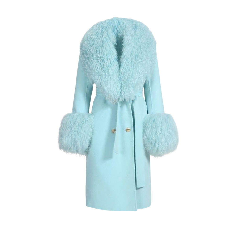 Long Belted Coat with Curly Shearling-Style Trim