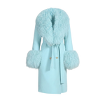 Long Belted Coat with Curly Shearling-Style Trim