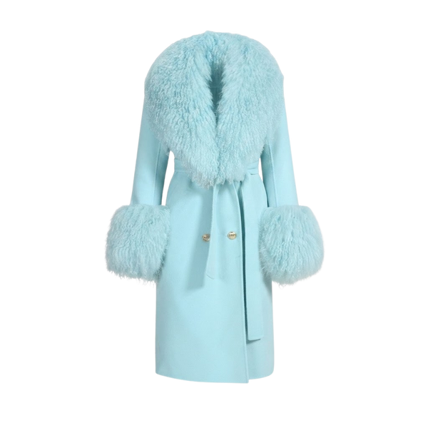 Long Belted Coat with Curly Shearling-Style Trim