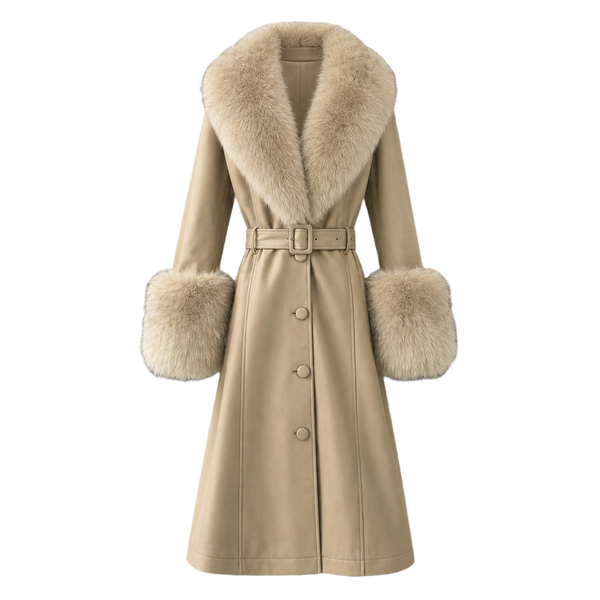 Belted Longline Trench Coat with Plush Trim