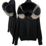 Plush Fur-Hood Knit Jacket with Pockets