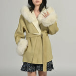 Hooded Belted Coat with Faux Fur Trim