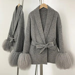 Belted Wrap Coat with Curly Shearling-Style Cuffs