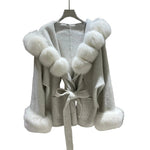 Tie-Waist Wool Jacket with Plush Ball Accents