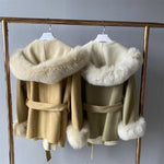 Hooded Belted Coat with Faux Fur Trim