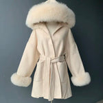 Belted Hooded Coat with Faux Fur Cuffs