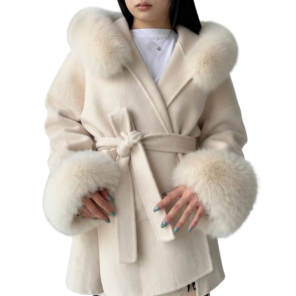 Belted Hooded Coat with Faux Fur Cuffs