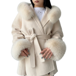 Belted Hooded Coat with Faux Fur Cuffs