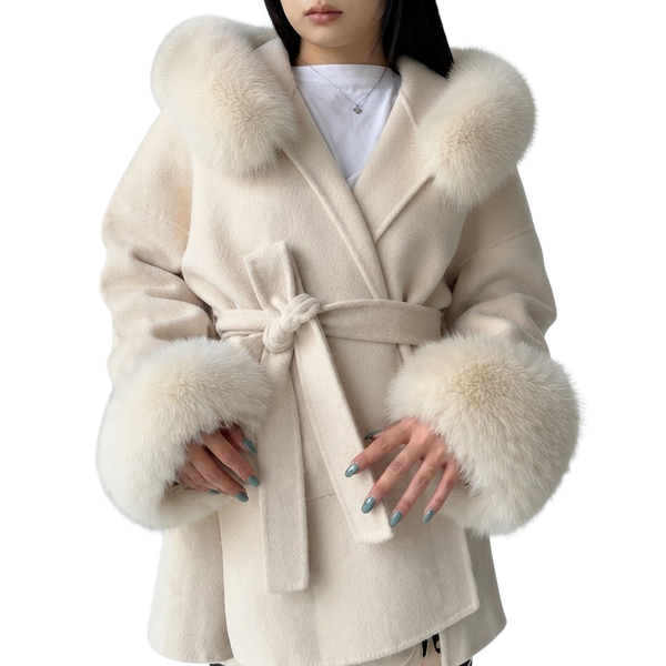 Belted Hooded Coat with Faux Fur Cuffs