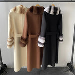Belted Longline Coat with Contrast Fur Trim