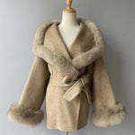 Wrap Jacket with Plush Fur Trim