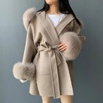 Belted Hooded Coat with Faux Fur Cuffs