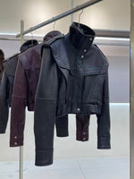 Cropped Textured Leather Biker Jacket with Snap Closure
