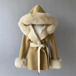Hooded Belted Coat with Faux Fur Trim