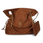 A brown suede shoulder bag