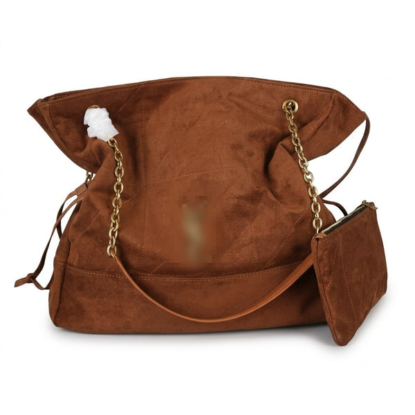 A brown suede shoulder bag