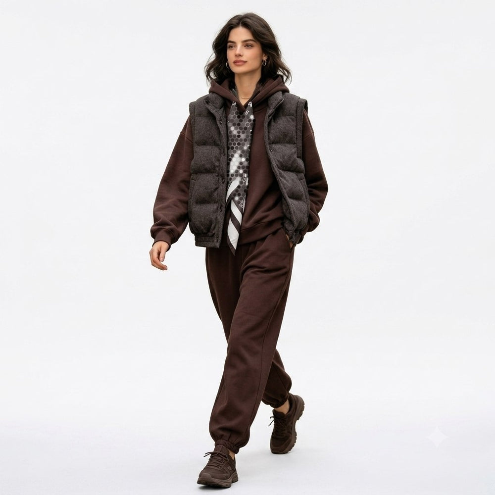 Puffer Vest & Hoodie Tracksuit Set with Printed Silk Scarf