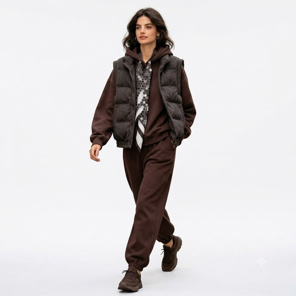 Puffer Vest & Hoodie Tracksuit Set with Printed Silk Scarf
