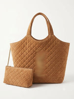 A brown quilted tote bag