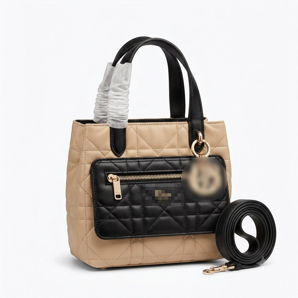 Two-Tone Top Handle Bag with Exterior Compartment