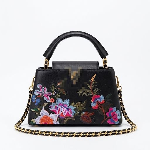 Floral Embroidered Grained Leather Top Handle Bag