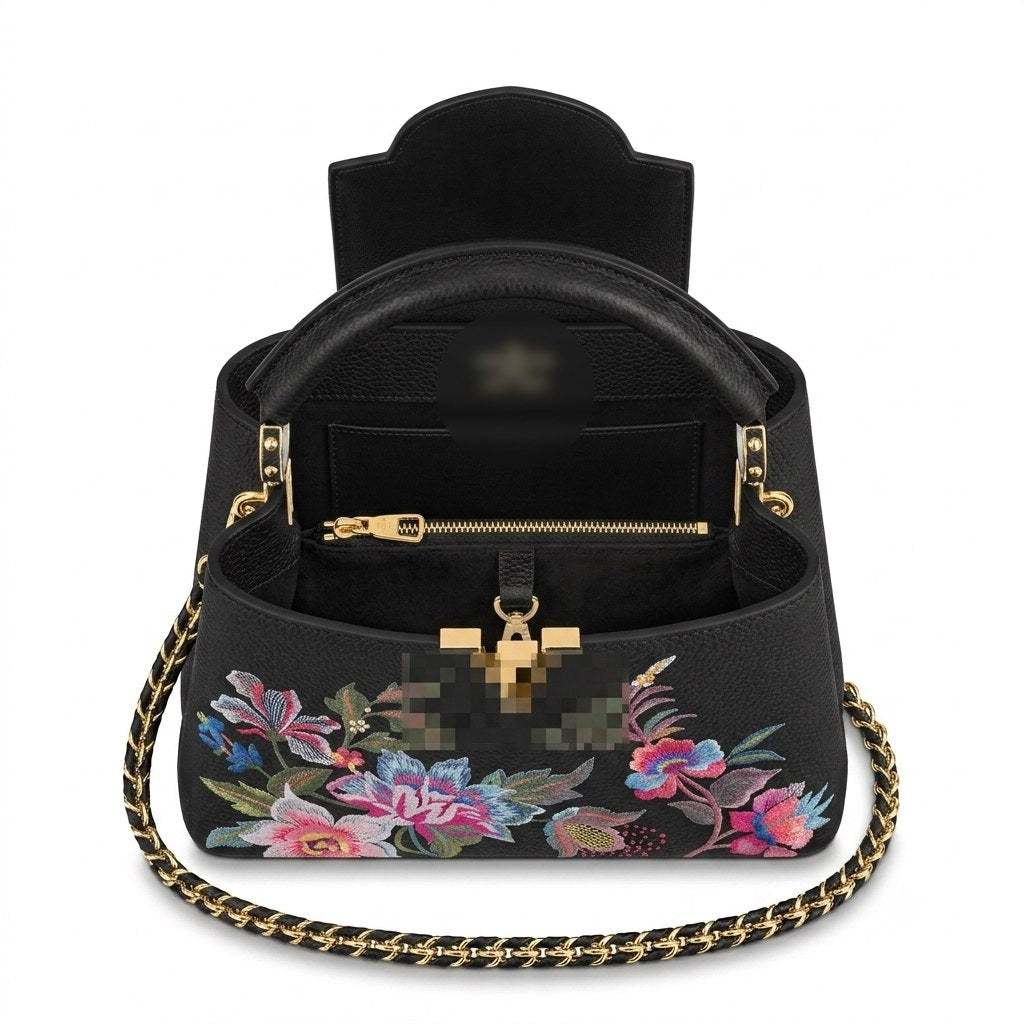Floral Embroidered Grained Leather Top Handle Bag