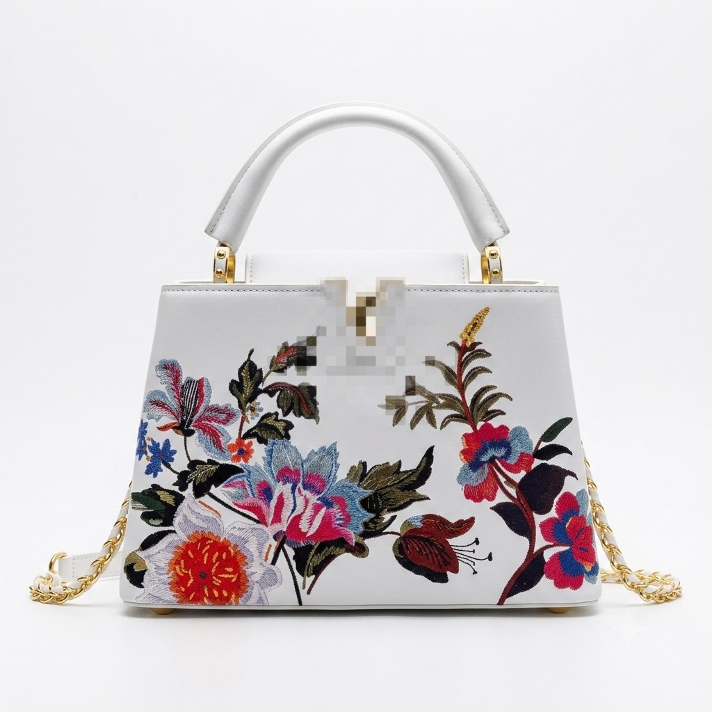 Floral Embroidered Grained Leather Top Handle Bag