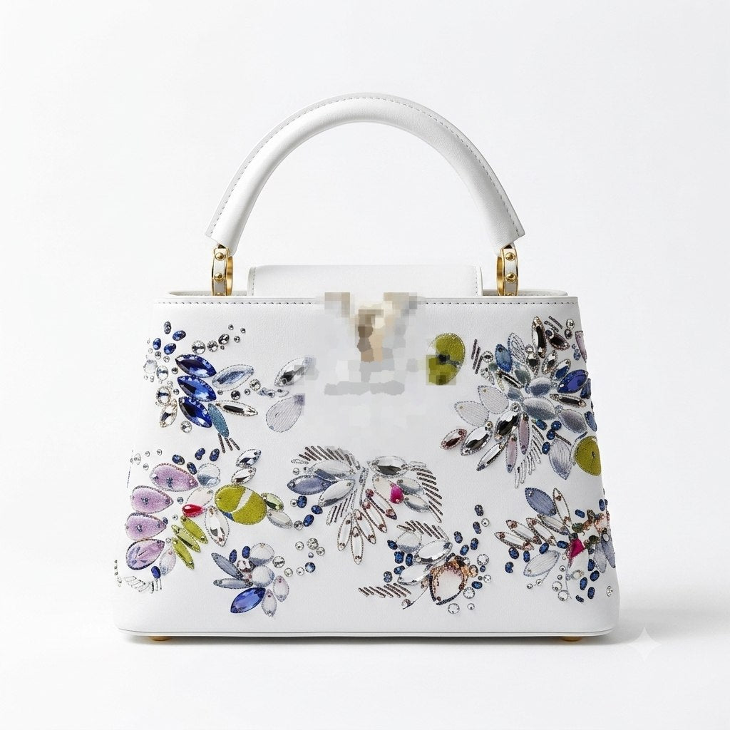 Structured Leather Bag with Painted Crystal Graphic