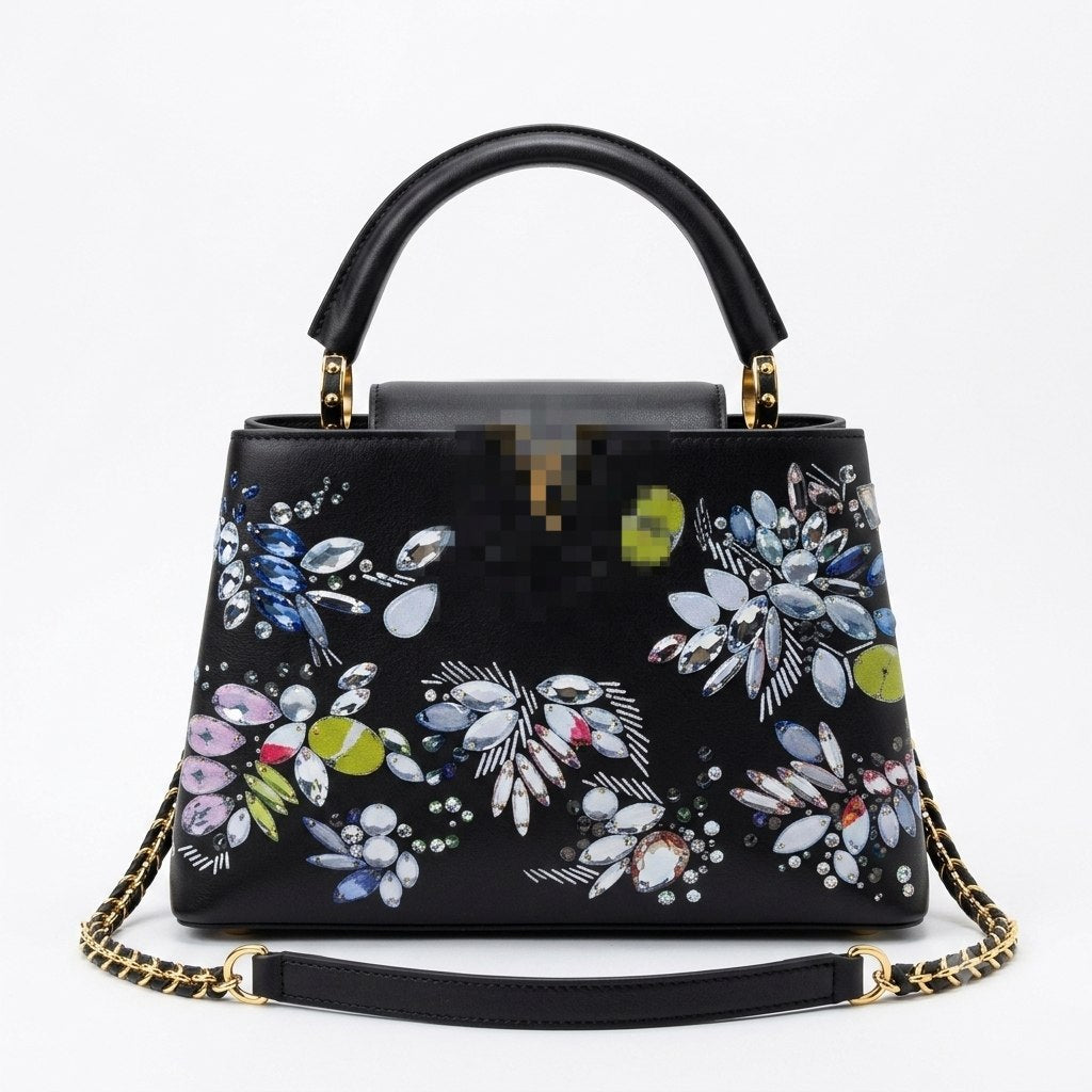 Structured Leather Bag with Painted Crystal Graphic