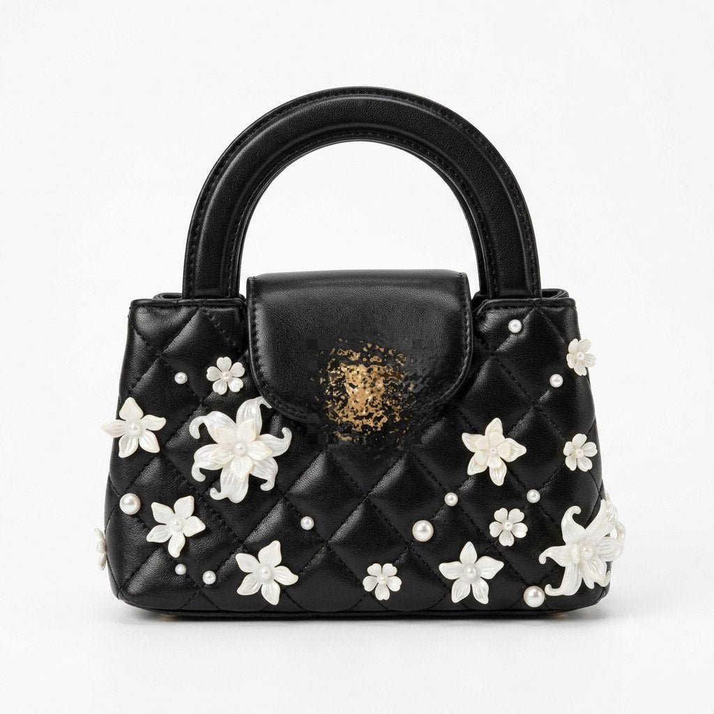 Pearl and Floral Embellished Quilted Flap Bag