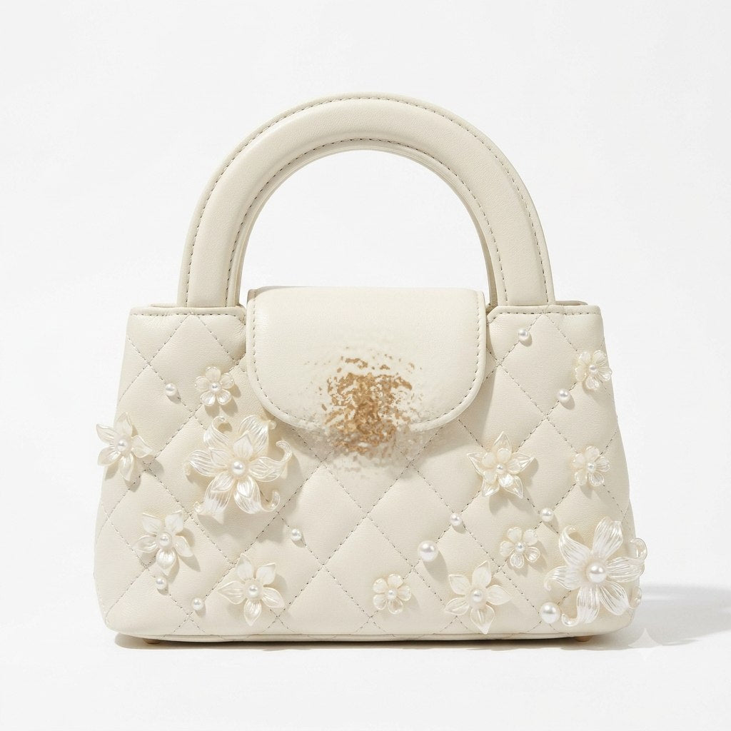 Pearl and Floral Embellished Quilted Flap Bag