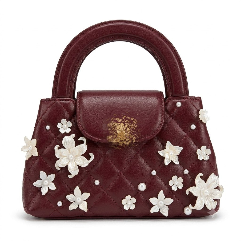 Pearl and Floral Embellished Quilted Flap Bag