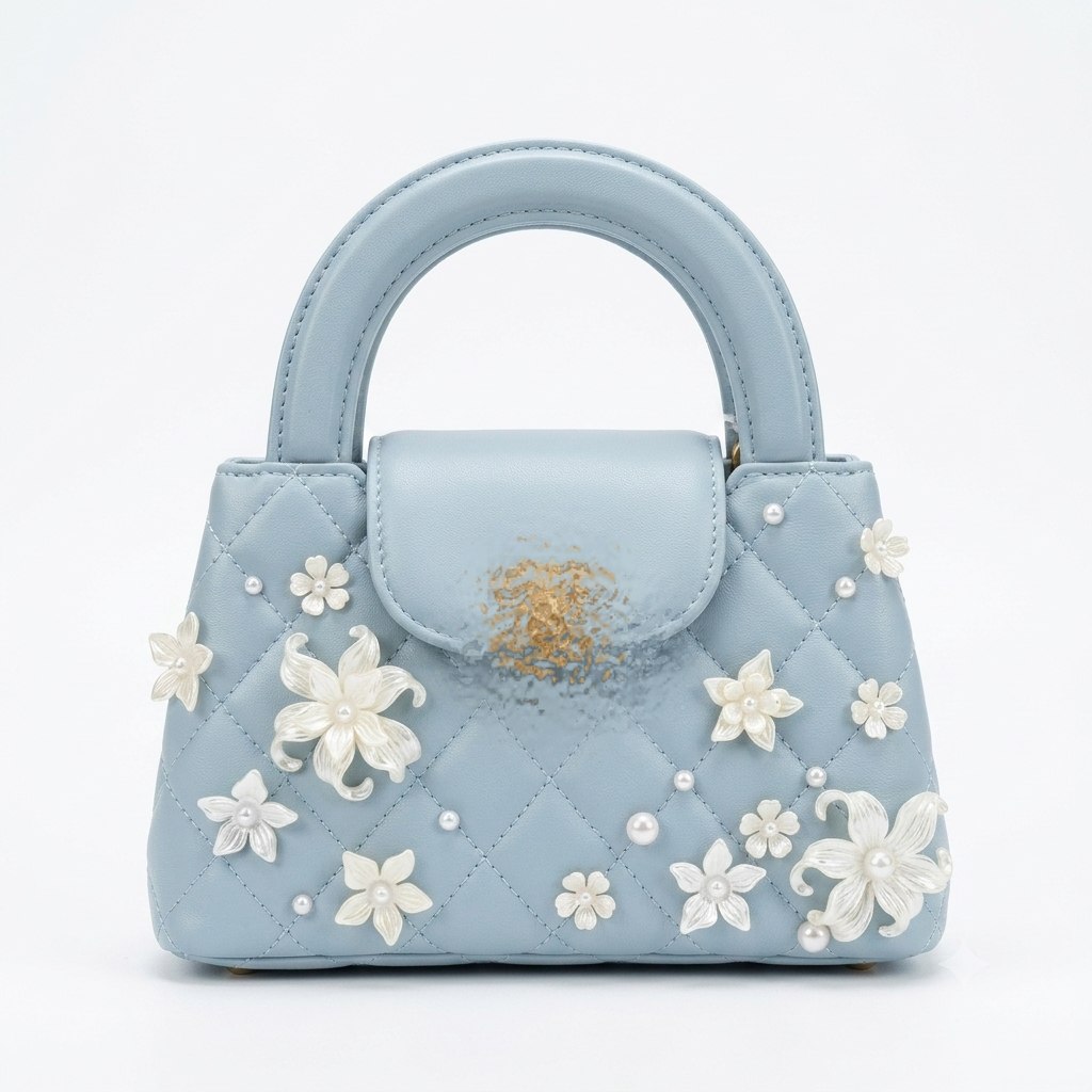 Pearl and Floral Embellished Quilted Flap Bag