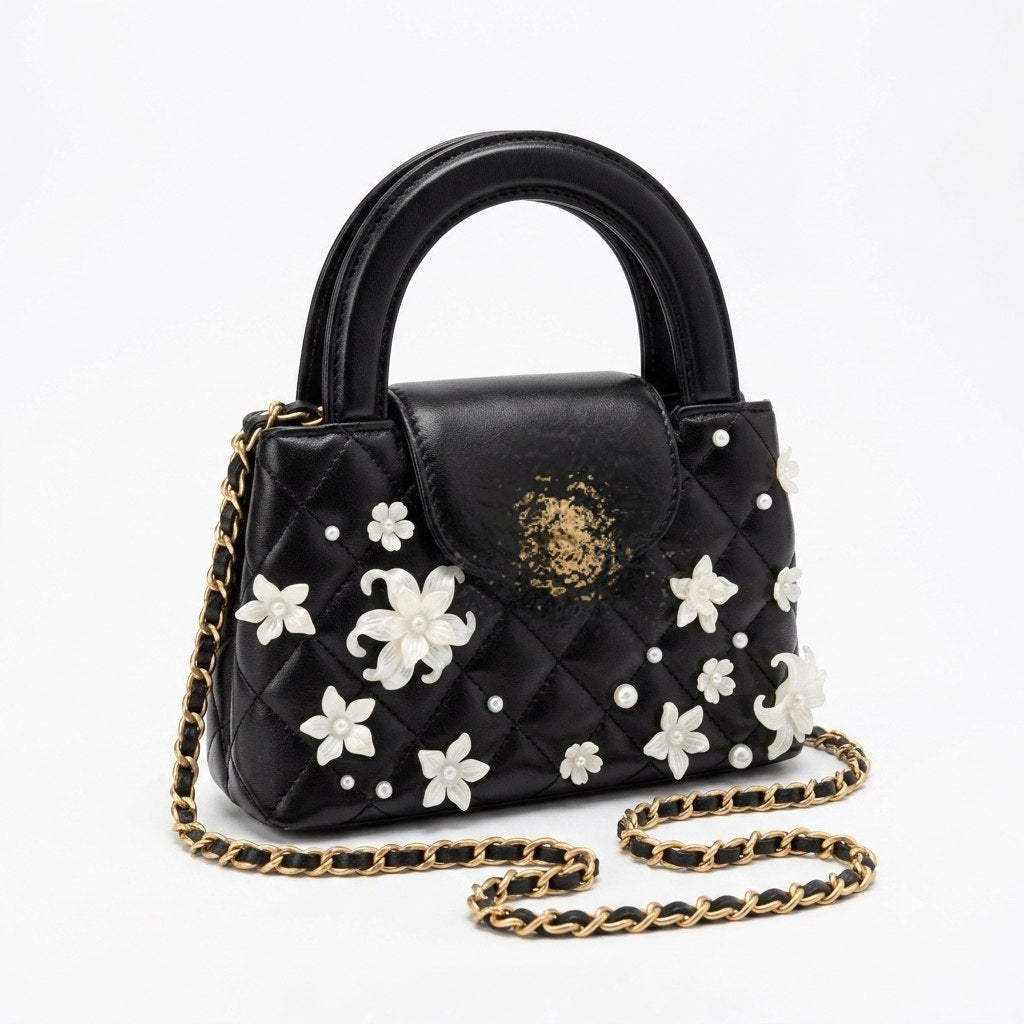 Pearl and Floral Embellished Quilted Flap Bag