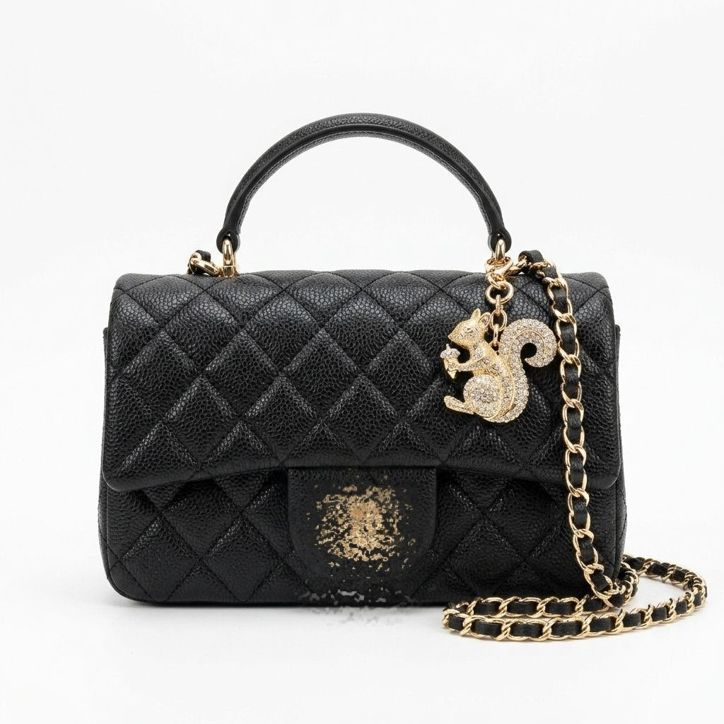 Leather Top Handle Bag with Crystal Charm