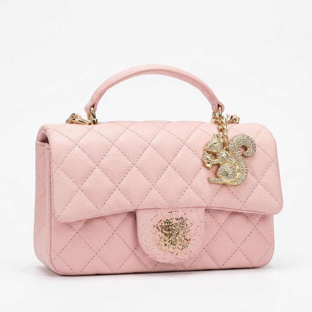 Leather Top Handle Bag with Crystal Charm