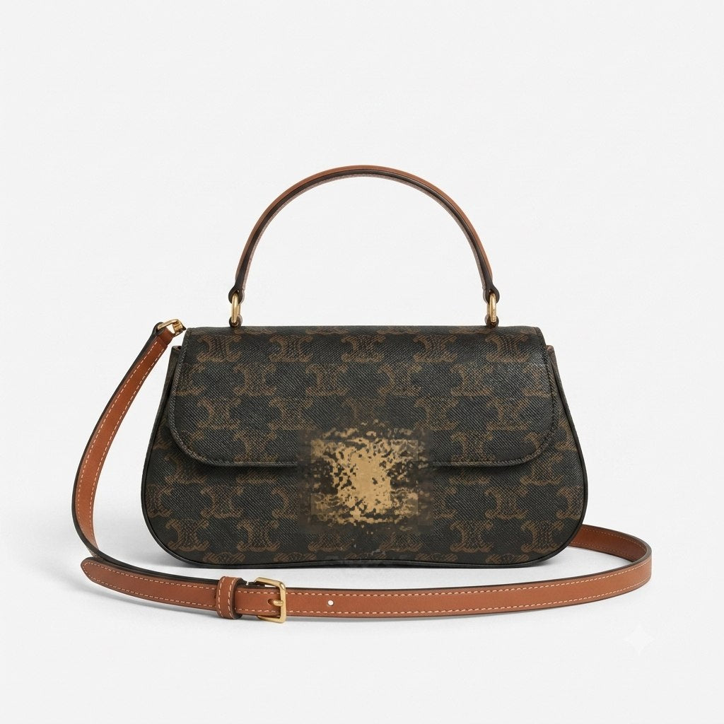 Smooth Leather Curved Flap Bag with Top Handle