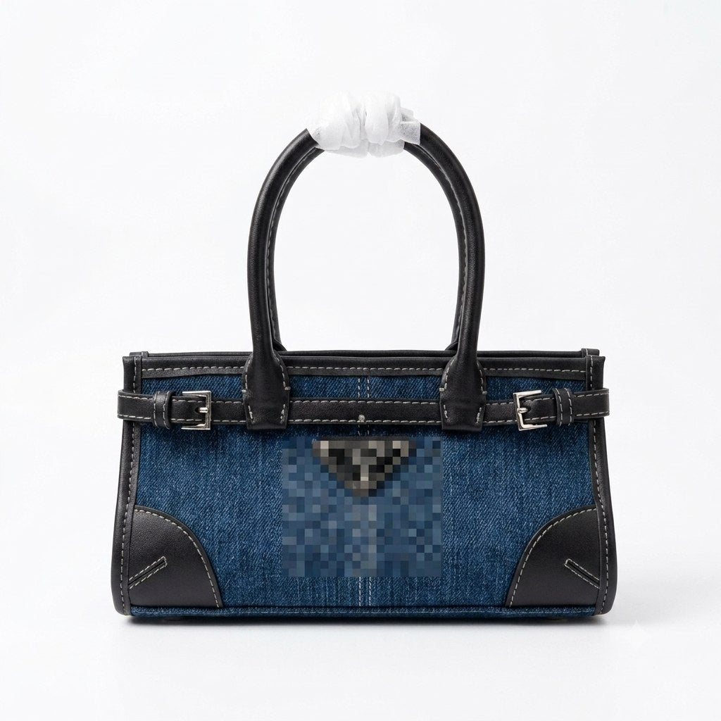 Denim East-West Bag with Leather Trim