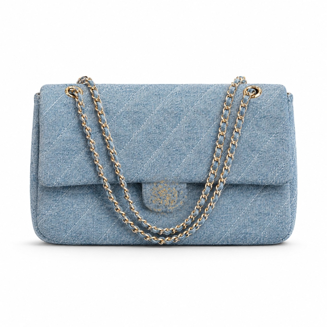 Classic Light Blue Denim Flap Bag with Gold Chain