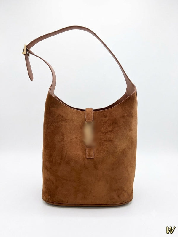 A brown suede bucket bag