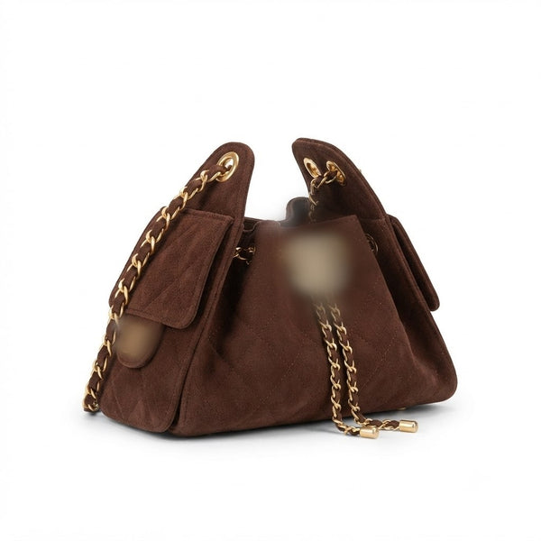 Luxury Suede Shoulder Bag with Quilted Flap Pockets and Gold Chain