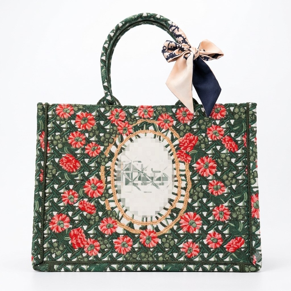 Elegant Green and Red Floral Embroidered Large Tote