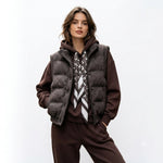 Puffer Vest & Hoodie Tracksuit Set with Printed Silk Scarf