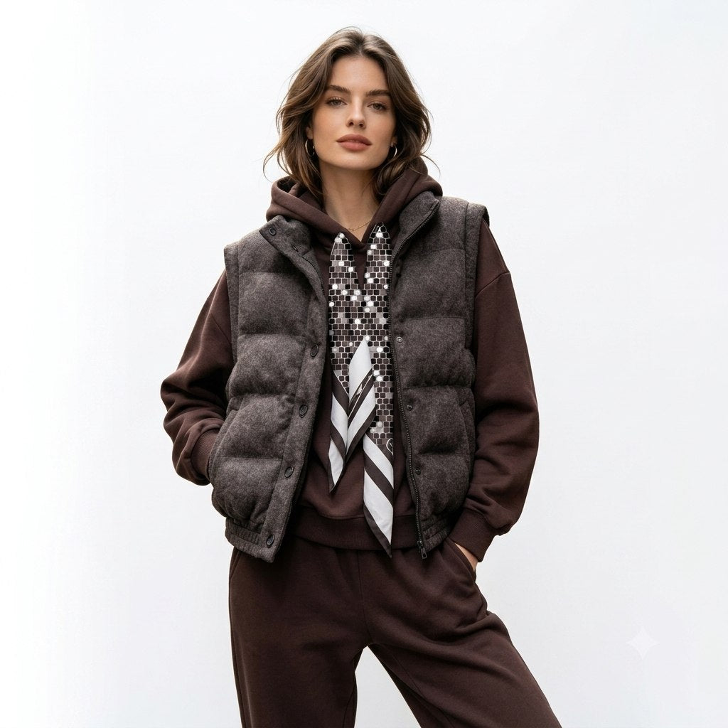 Puffer Vest & Hoodie Tracksuit Set with Printed Silk Scarf