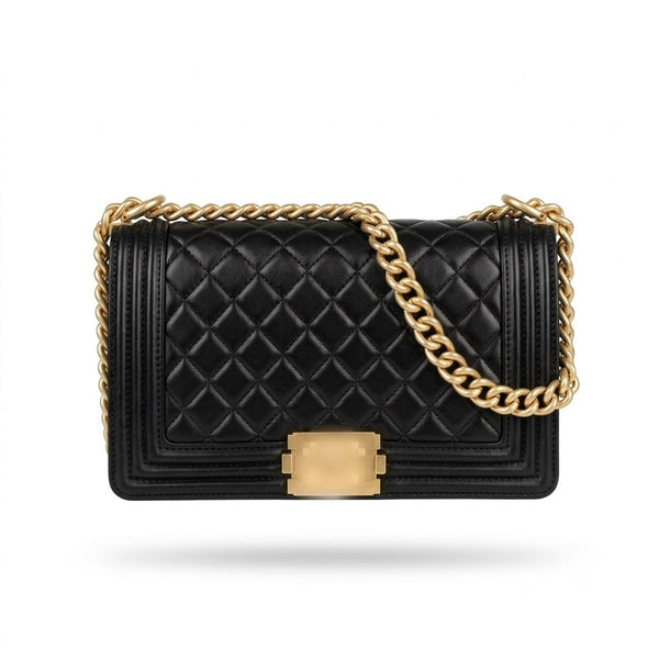 A black quilted leather shoulder bag