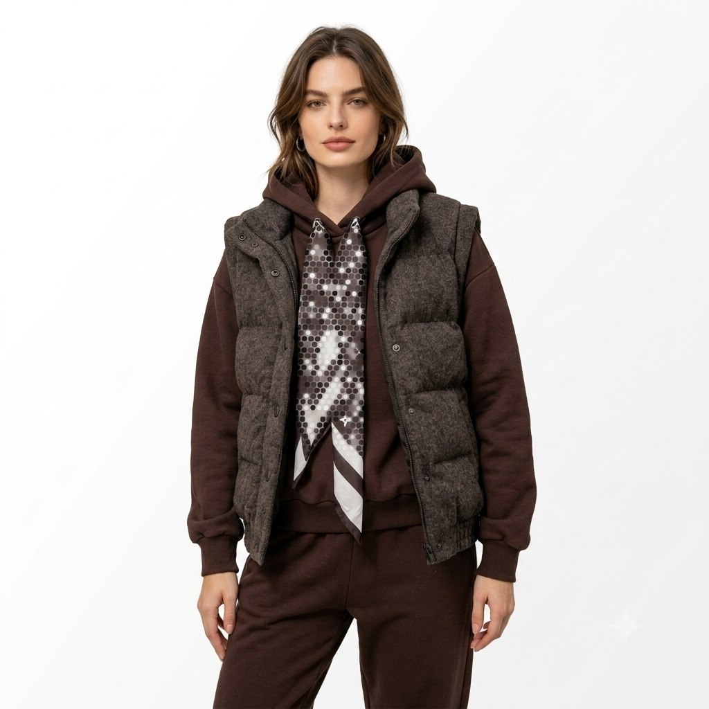 Puffer Vest & Hoodie Tracksuit Set with Printed Silk Scarf