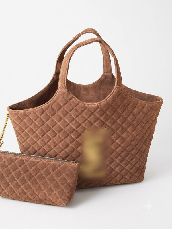 A brown quilted tote bag