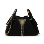Luxury Suede Shoulder Bag with Quilted Flap Pockets and Gold Chain